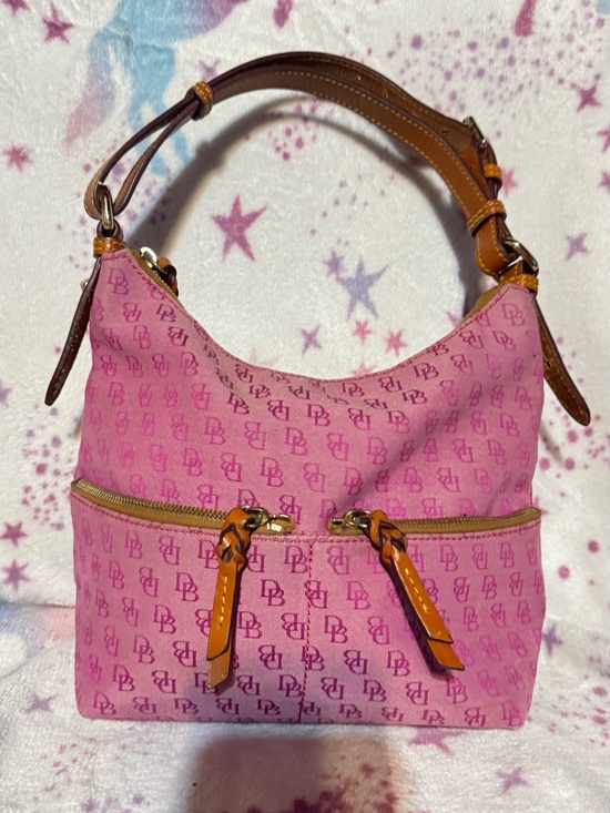 Dooney & Bourke Handbags - Dooney & Bourke Pink Signature Hobo Shoulder Bag with Tan Leather Trim
